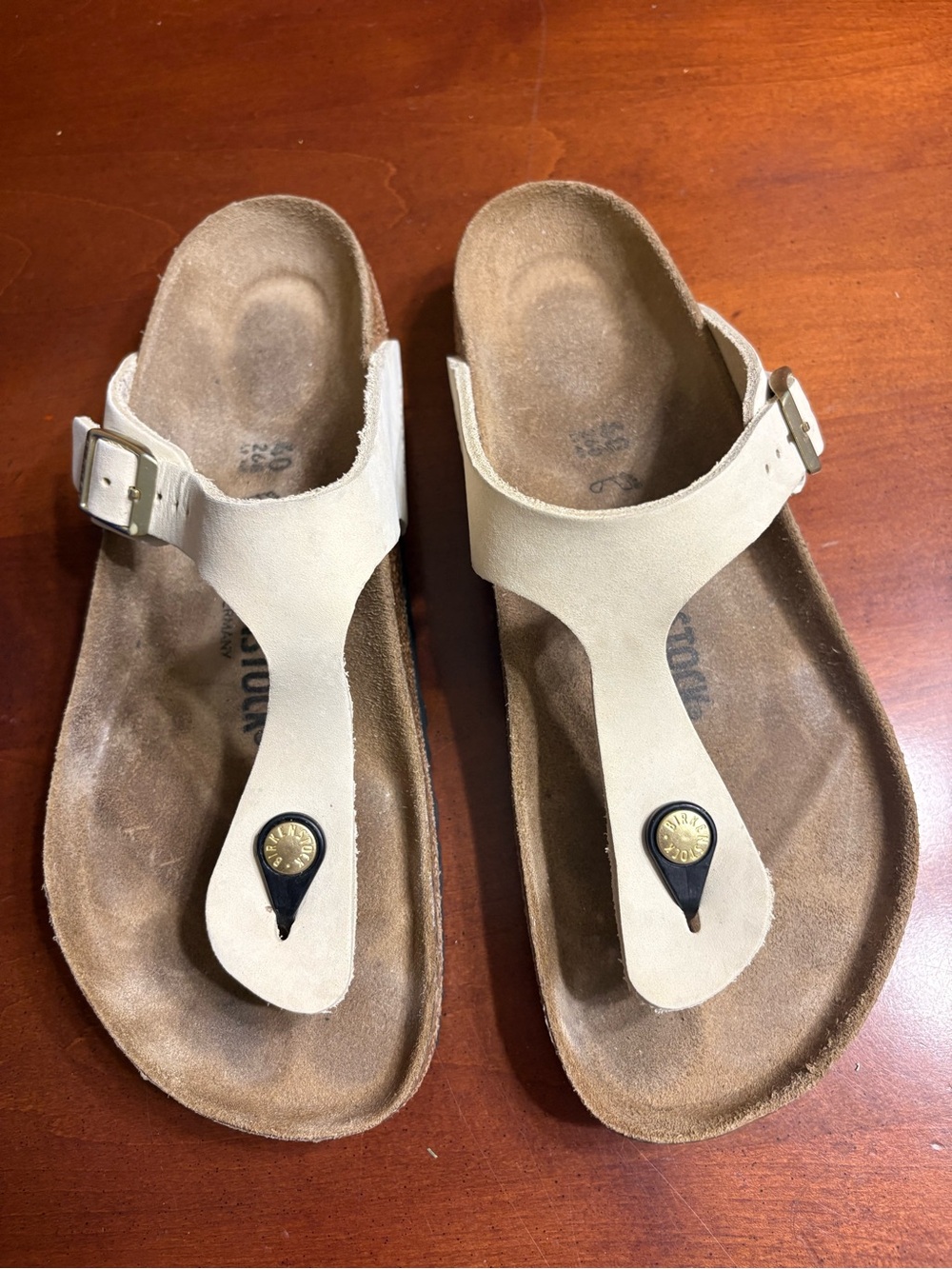 Birkenstock Beige T‑Strap Thong Sandals with Buckle